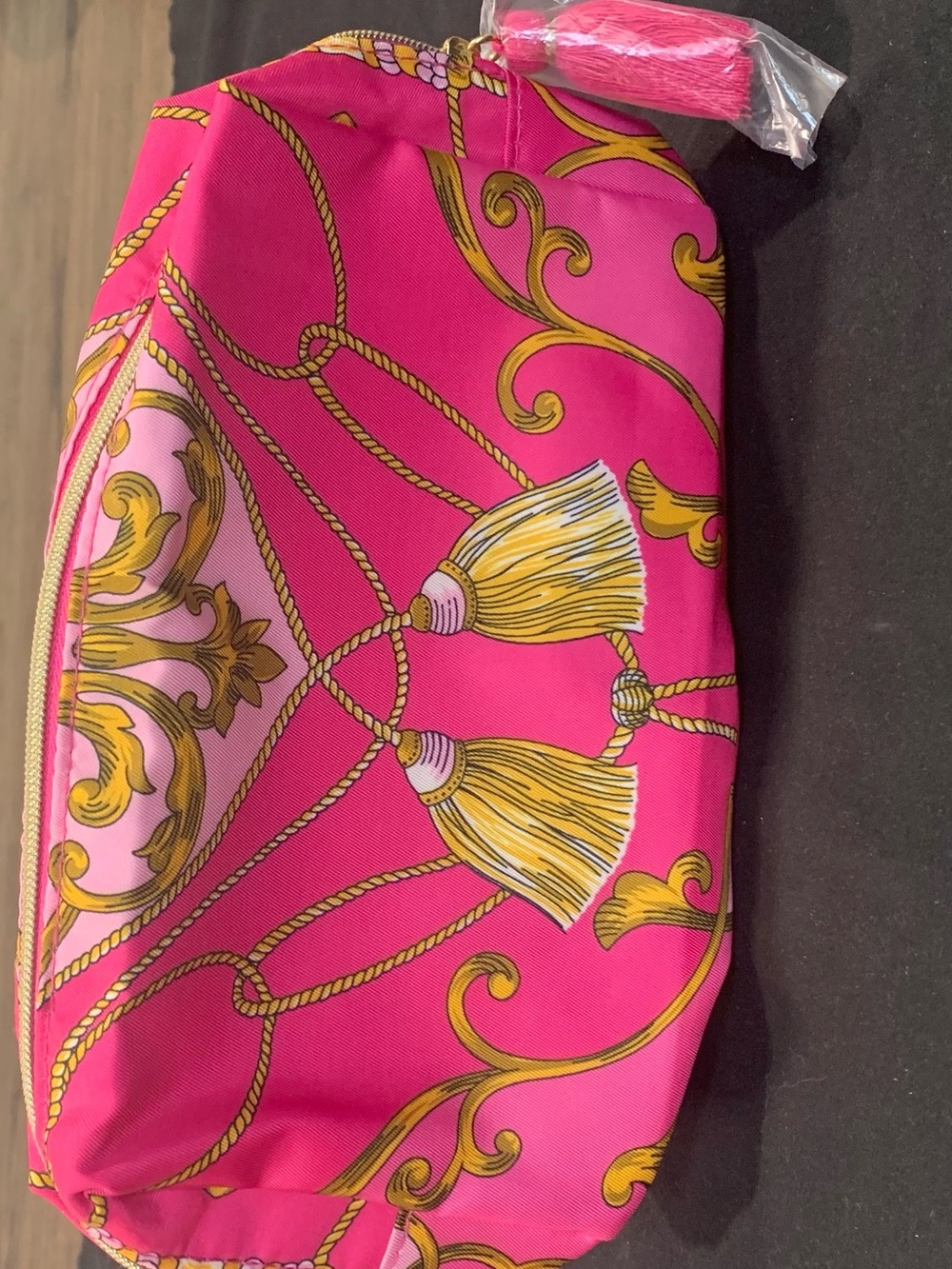 Estee Lauder Pink and Gold Tassel Print Cosmetic Bag
